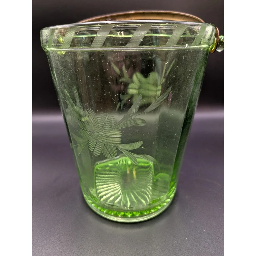 Green Depression Glass Etched Green Ice Bucket with Bras Handle